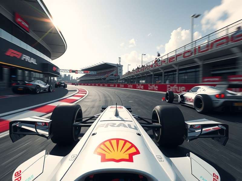 A high-end F1 simulation racing rig setup with triple monitors, a direct drive wheel, and F1 23 gameplay visible