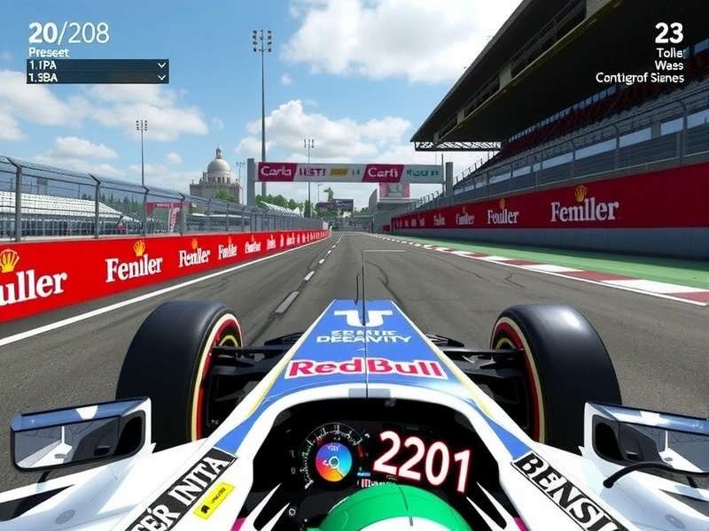 Professional F1 simulator cockpit with wheel, pedals, and triple monitors