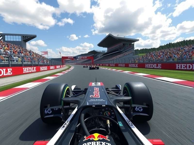 High-end F1 racing simulator setup with steering wheel and triple monitors