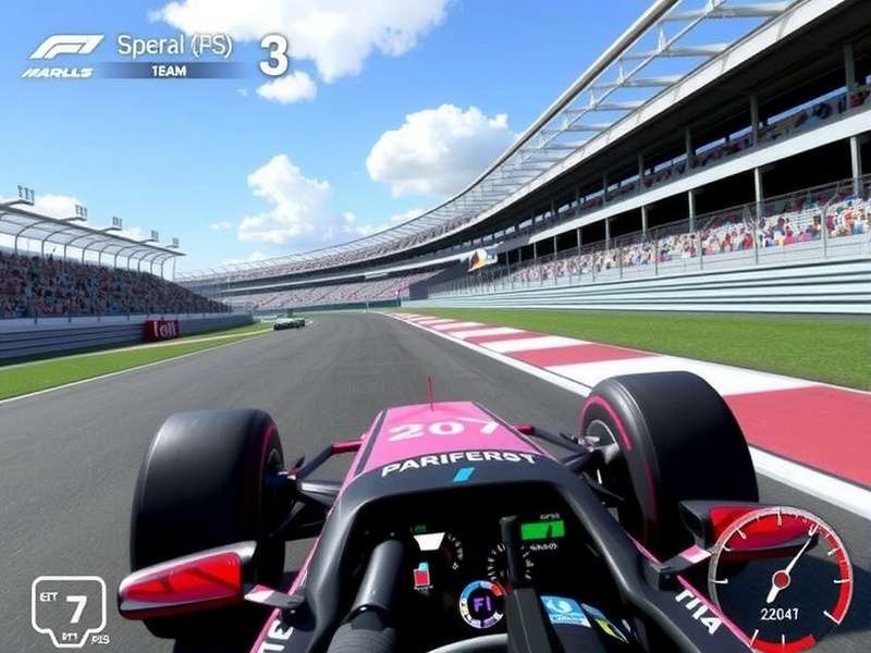 Professional F1 racing simulator setup with wheel, pedals and triple monitors