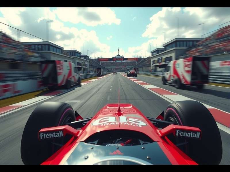 Cinematic shot of a Formula 1 car on track at dusk
