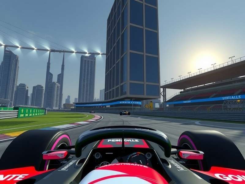 F1 25 game screenshot: Night race at Yas Marina Circuit with cars under bright lights