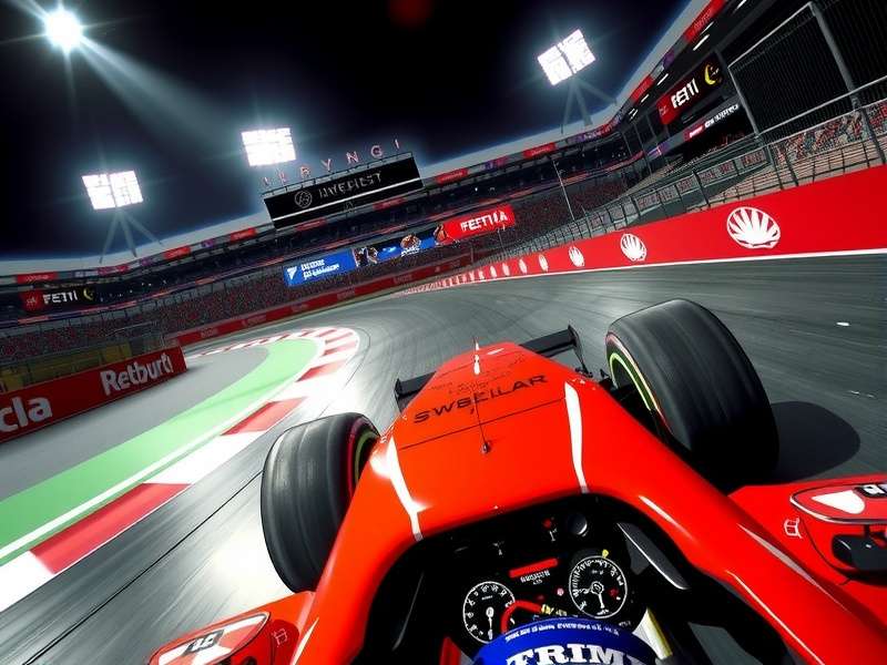 F1 driver's onboard camera view showing steering wheel and track