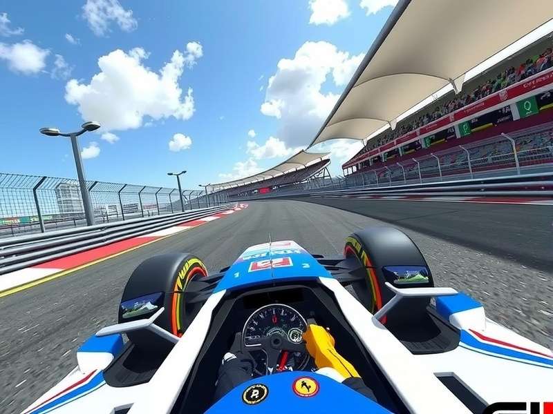 F1 racing simulator cockpit with triple screens and steering wheel