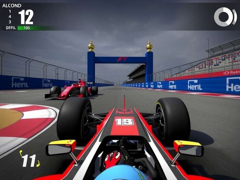 Modern F1 racing simulator setup with steering wheel and triple monitors