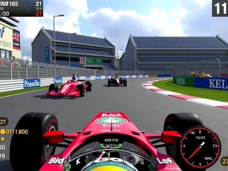 Screenshot of Geoff Crammond's Grand Prix 1, showing pixelated cars on a classic circuit