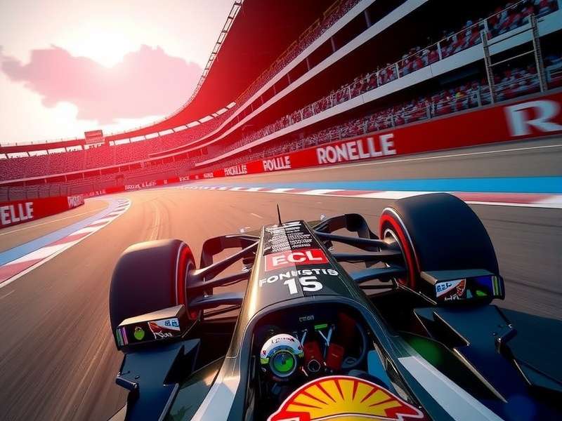 A powerful gaming laptop running an F1 racing game on a detailed track