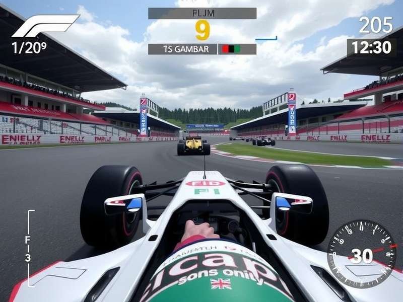 High-end gaming PC setup with racing wheel and triple monitors for F1 simulation