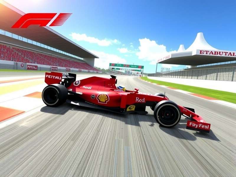 F1 racing game on PC with steering wheel and monitor setup