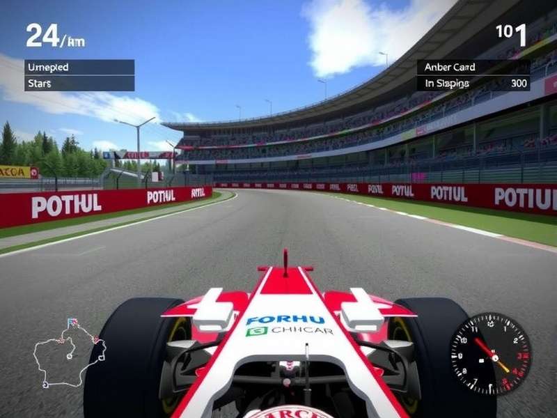 F1 racing simulator setup with triple monitors and steering wheel