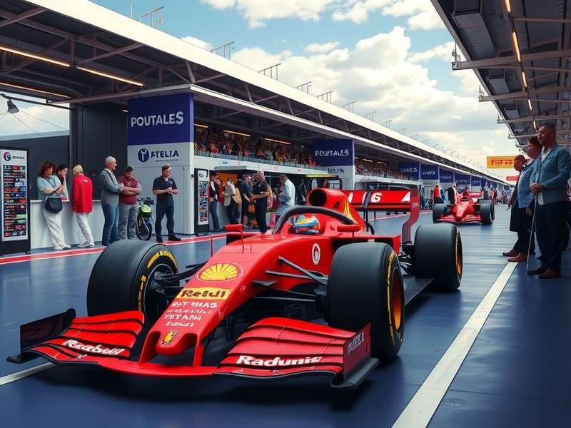 Formula 1 car racing on track with pit wall and timing screens in the background