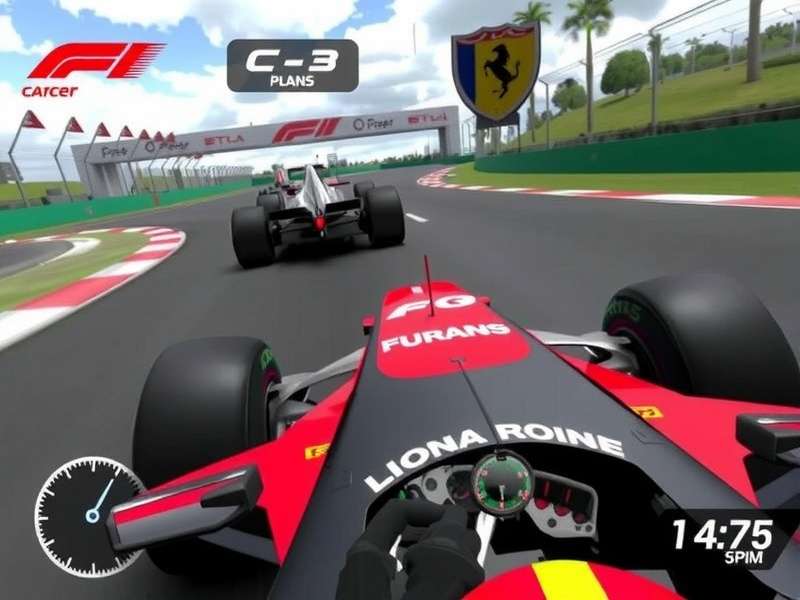 F1 Race Simulator Game cockpit view with steering wheel and HUD display