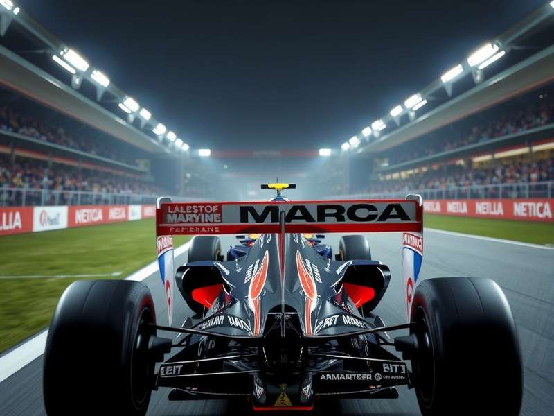 F1 racing car speeding on track under dramatic lighting