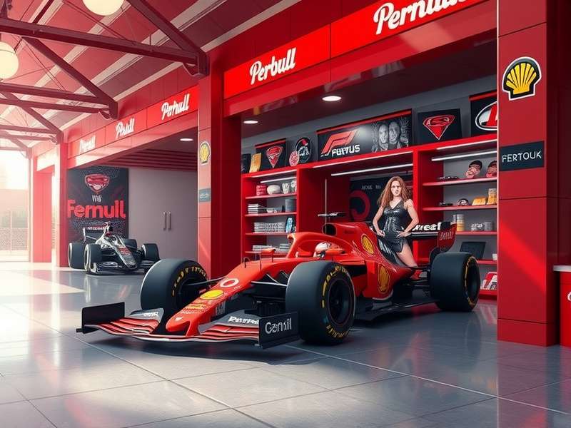 F1 Store showcase featuring merchandise, game boxes and collectibles arranged on a sleek display shelf