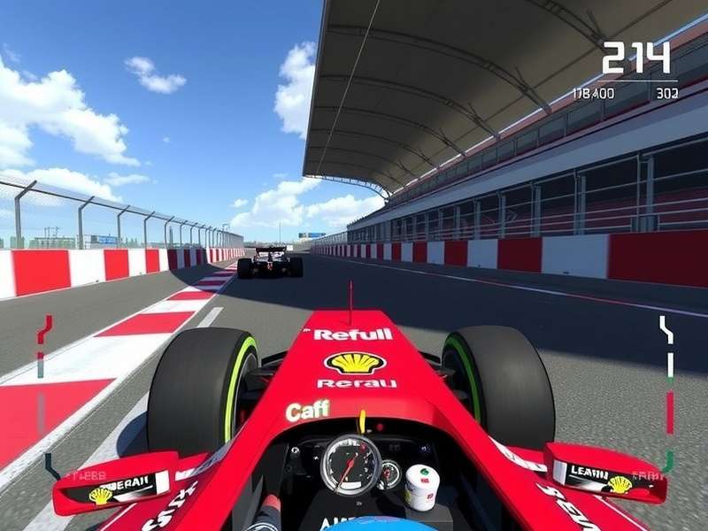 F1 Video Game Simulator racing cockpit view with steering wheel and display